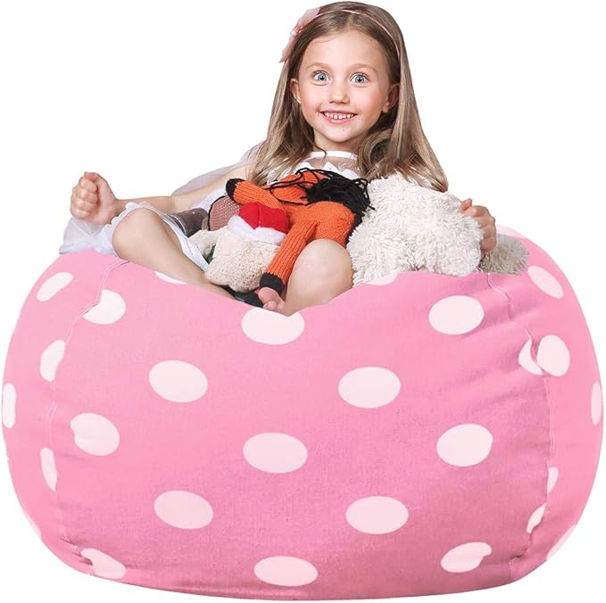 Wekapo Stuffed Animal Storage Bean Bag Chair Cover for Kids | Stuffable Zipper Beanbag for Organizing Children Plush Toys Large Premium Cotton Canvas (Pink Dot, X-Large) - LeafyLoom