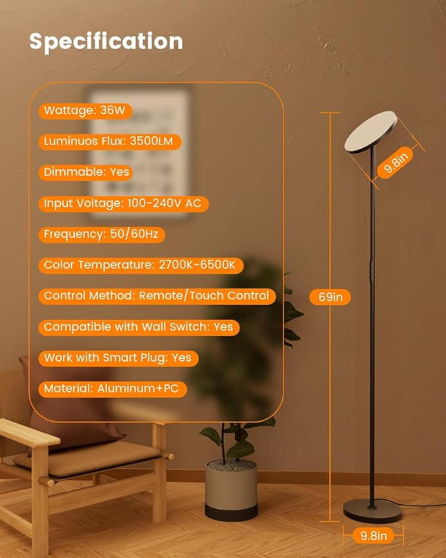 36W Bright Torchiere Floor Lamps,3500LM Stepless Dimmable Tall Floor Lamp with Remote & Touch Control,Modern Standing Light for Bedroom,Office,Living Room - LeafyLoom