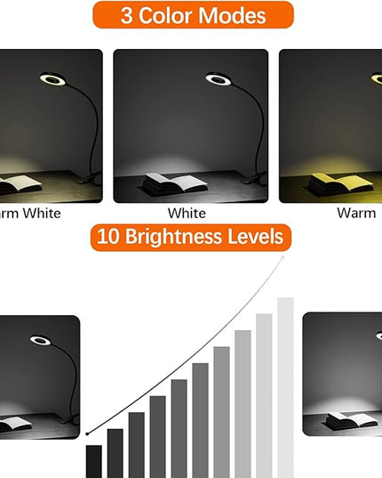 Juhefa Clip on Light, USB Powered LED Desk Lamp with Gooseneck for Reading in Bed, Headboard, Office, Makeup, 10-Level Dimmable, 3 Colors Changable (with Adapter) - LeafyLoom