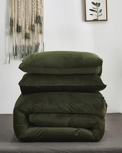 Dark Green Velvet Comforter Set Twin Army Green Flannel Velvet Bedding Comforter Set All Deep Green 3 PCs Shaggy Soft Warm and Durable Flannel Blanket Twin Girls Boys Green Velvet Bedding Set - LeafyLoom