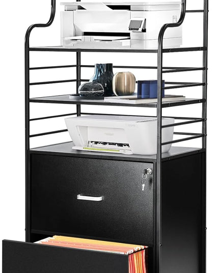 Vertical File Cabinet, 2 Drawer Mobile Filing Cabinet with 3 Bookshelf, Printer Stand with Open Storage Shelves Fits A4/Letter/Legal Size File Cabinets for Home Office Organizer, Black - LeafyLoom