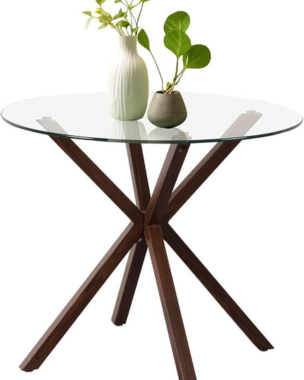 Glass Dining Table,Modern Tempered Glass Top Dining Room Table with Cross Base for 4 People,Round Large Dining Table Glass Kitchen Table - LeafyLoom