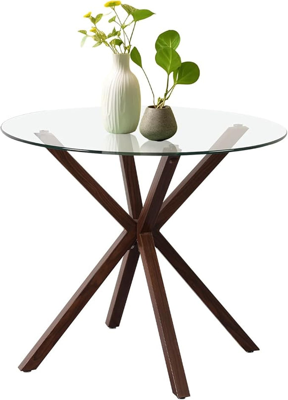 Glass Dining Table,Modern Tempered Glass Top Dining Room Table with Cross Base for 4 People,Round Large Dining Table Glass Kitchen Table - LeafyLoom