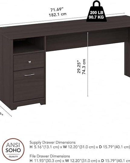 Bush Furniture Cabot Desks for Home Office with Storage and Chrome Hardware | Elegant Computer Table with Drawers, 72W, Heather Gray - LeafyLoom
