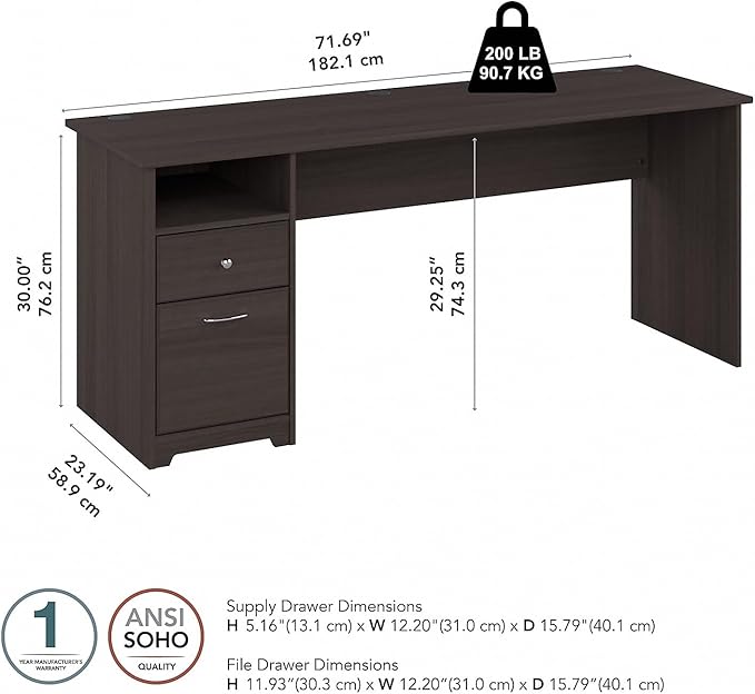 Bush Furniture Cabot Desks for Home Office with Storage and Chrome Hardware | Elegant Computer Table with Drawers, 72W, Heather Gray - LeafyLoom