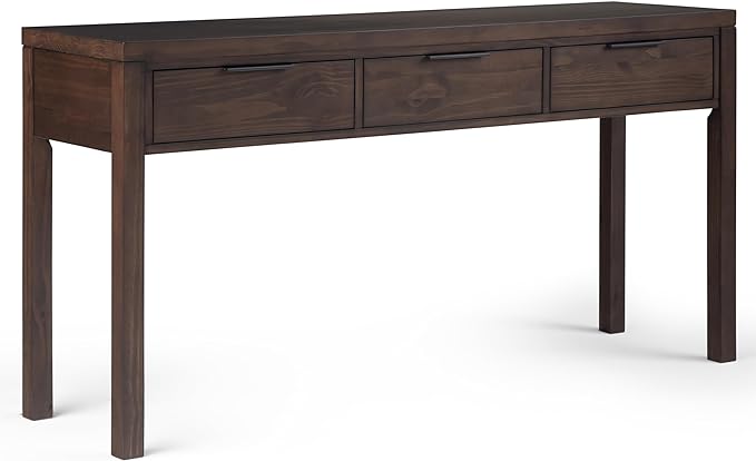 SIMPLIHOME Hollander SOLID WOOD 60 inch Wide Wide Console Sofa Entryway Table in Warm Walnut Brown with Storage, 3 Drawers , for the Living Room, Entryway and Bedroom - LeafyLoom