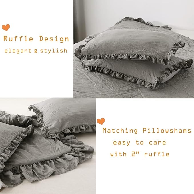 Grey Shabby Comforter Set Queen,Farmhouse Rustic Microfiber Bedding Ruffled Comforter Set,Vintage Gray Ruffle Comforter for Queen Bed Fluffy Aesthetic Bedding 3 Pieces - LeafyLoom