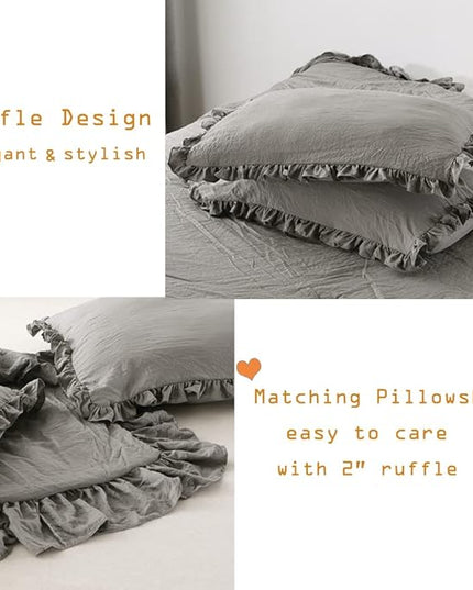 Gray Ruffled Comforter Set King,Farmhouse Shabby Boho Chic Bedding Comforter Lightweight Fluffy Aesthetic Vintage Rustic Bedding 3 Pieces (1 Ruffle Comforter and 2 Pillowcases) - LeafyLoom