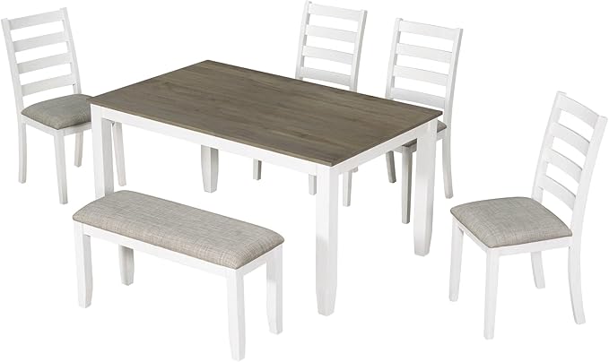 RITSU Rustic Style 6-Piece Dining Table Living Room,with 4 Upholstered Chairs,farmhouse or coastal chic decor Furniture Set,a Bench,Brown and Whitewash, Onesize - LeafyLoom