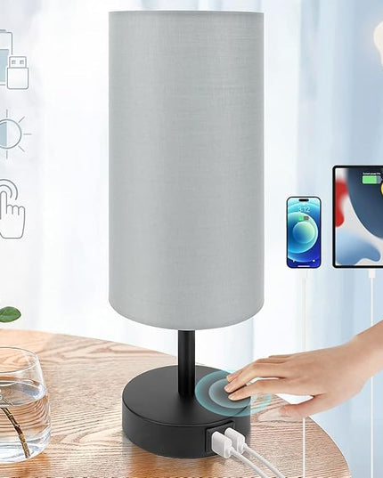 Yarra-Decor Bedside Lamp with USB Port - Touch Control Table Lamp for Bedroom 3 Way Dimmable Nightstand Lamp with Round Grey Fabric Shade for Living Room, Dorm, Home Office (LED Bulb Included) - LeafyLoom