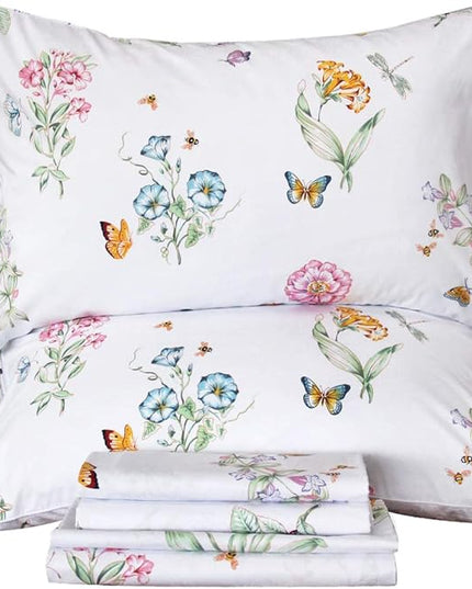 QSH Floral Queen Size Sheet Sets - Flower Butterfly Print Pattern Egyptian Cotton Printed Bedding Sheets Queen Size Bed Extra Soft and Breathable 4pcs Deep Pockets Bed Sheets - LeafyLoom