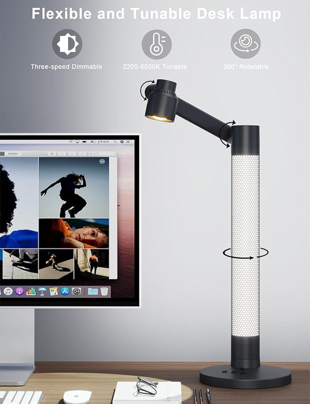 LED Desk/Task Lamp for Home Office, 600LM Eye-Caring Reading Light, 360°Rotatable Swing Arms, Dimmable Table Lamp with Atmosphere Lighting for Desk Bedside - LeafyLoom