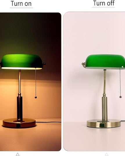 FIRVRE Glass Bankers Desk Lamp USB Wireless Charging Port LED Desk Lamp Classic Retro Pull Chain Switch Table lamp Reading Modern for Home Office nightstand Bedside Study Desk Library (Green) - LeafyLoom