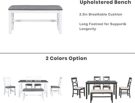 Kitchen Table and Chairs for 6, Rustic Style Dining Table Set, 6-Piece Rectangular Kitchen Table and 4 Upholstered Chairs & Bench for Dining Room, Living Room and Kitchen, Brown+Whitewash - LeafyLoom