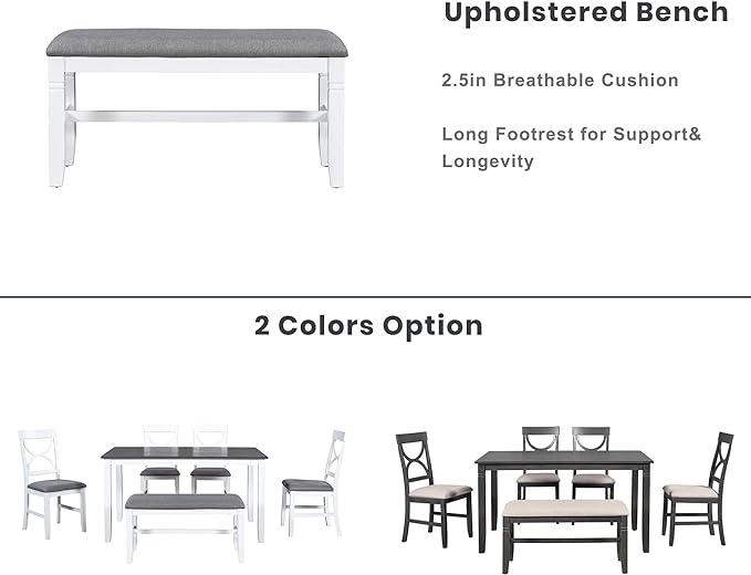 Kitchen Table and Chairs for 6, Rustic Style Dining Table Set, 6-Piece Rectangular Kitchen Table and 4 Upholstered Chairs & Bench for Dining Room, Living Room and Kitchen, Brown+Whitewash - LeafyLoom