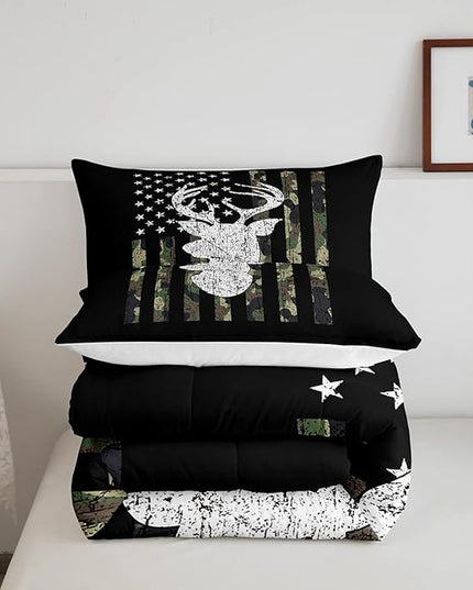 American Flag Comforter Set,Deer Hunting Down Comforter King,Army Green Military Camo Bedding Set For Boys Teens Kids Man,Western Farmhouse Stars Stripes Bedding Quilt Set Bedroom Decor 3 Pcs - LeafyLoom