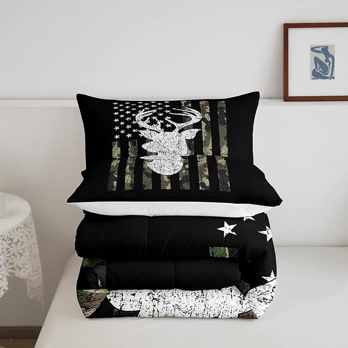 American Flag Comforter Set,Deer Hunting Down Comforter King,Army Green Military Camo Bedding Set For Boys Teens Kids Man,Western Farmhouse Stars Stripes Bedding Quilt Set Bedroom Decor 3 Pcs - LeafyLoom