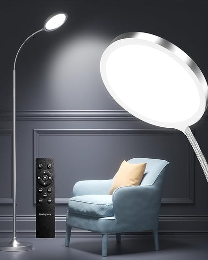 Silver Floor Lamp,Super Bright Dimmable LED Floor Lamps for Living Room, Custom Color Temperature Standing Lamp with Remote Push Button, Adjustable Gooseneck Reading Floor Lamp for Bedroom Office - LeafyLoom