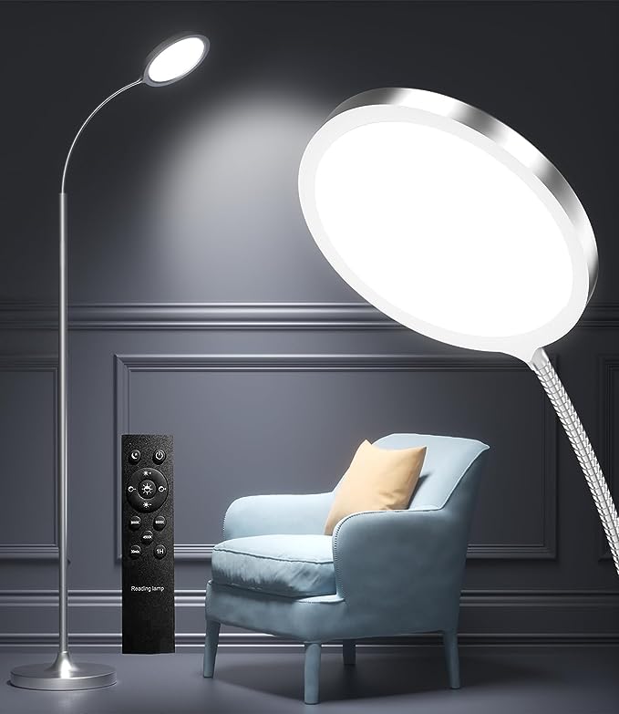 Silver Floor Lamp,Super Bright Dimmable LED Floor Lamps for Living Room, Custom Color Temperature Standing Lamp with Remote Push Button, Adjustable Gooseneck Reading Floor Lamp for Bedroom Office - LeafyLoom