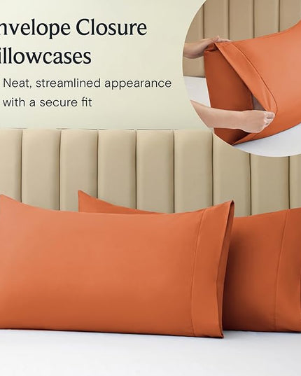 LuxClub 4 PC Sheet Sheets Deep Pockets 18" Eco Friendly Wrinkle Free-Kids-Fitted Sheets Machine Washable Hotel Bedding Silky Soft - Autumn Orange Twin - LeafyLoom