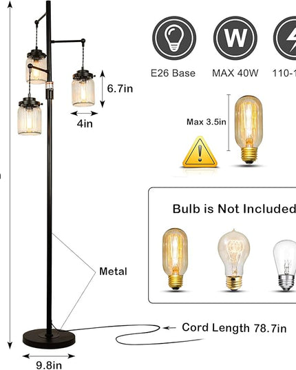 Industrial Farmhouse Rustic Lamp with 3 Glass Shades, Tall Standing Lamps with Dimmable Switch, Sturdy Base, Black Floor Lamps for Living Room Bedroom Office Home - LeafyLoom