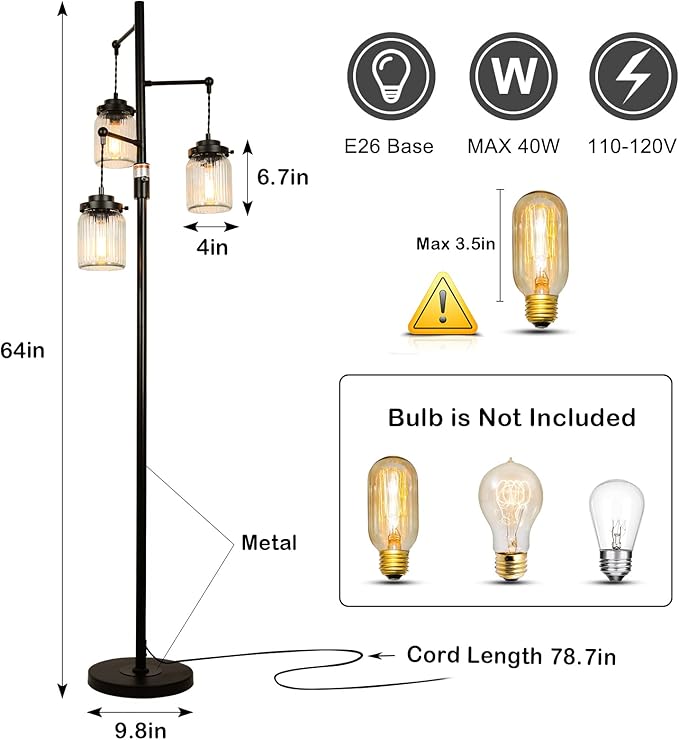 Industrial Farmhouse Rustic Lamp with 3 Glass Shades, Tall Standing Lamps with Dimmable Switch, Sturdy Base, Black Floor Lamps for Living Room Bedroom Office Home - LeafyLoom