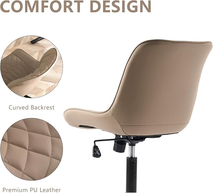 YOUNIKE Armless Office Chair Leather Desk Chair with Wheels Swivel Rolling Task Chair with Back Upholstered Computer Chair Height Adjustable Modern Ergonomic Wide Seat Khaki - LeafyLoom