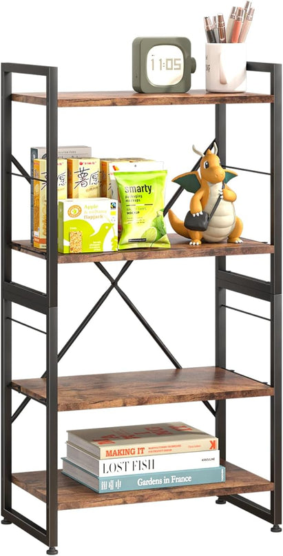 4 Tiers Bookshelf Adjustable Shelf Organizer, Rustic Brown Small Bookcase for Small Space,Industrial Wooden Storage Bookcase Display Rack and Storage Organizer for Living Room Home Office - LeafyLoom