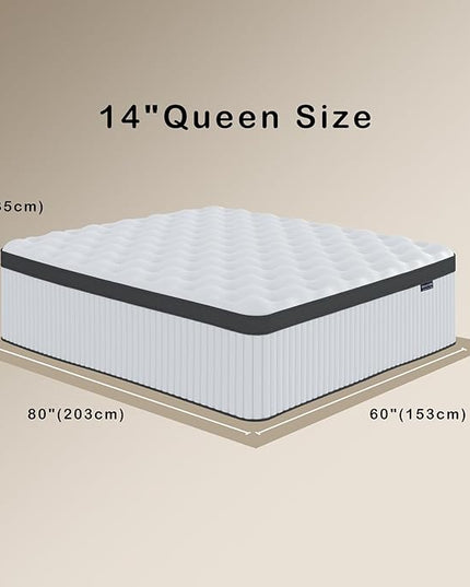 Queen Mattress, 14 Inch Innerspring Hybrid Mattress in a Box with Gel Memory Foam, Individually Wrapped Encased Coil Pocket Spring Mattress, Pressure Relief, Medium Firm Support, 60"*80"*14" - LeafyLoom