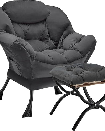 Lazy Chair with Folding Ottoman Modern Large Accent Chair,Contemporary Lounge Leisure Sofa Chair with Armrests Upholstered Sofa Armchair Reading Chair for Bedroom,Dorm & Office,Dark Grey - LeafyLoom