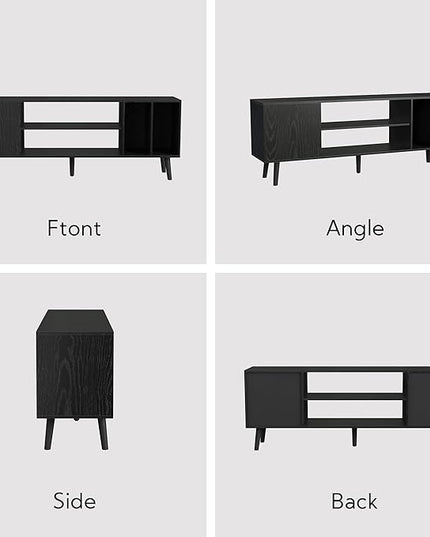 Yusong TV Stand for 55/65 inch TV, Mid Century Modern TV Console Table, Media Entertainment Center with Storage for Living Room Bedroom, Wood TV Cabinet, Oak Black - LeafyLoom