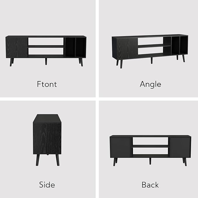 Yusong TV Stand for 55/65 inch TV, Mid Century Modern TV Console Table, Media Entertainment Center with Storage for Living Room Bedroom, Wood TV Cabinet, Oak Black - LeafyLoom
