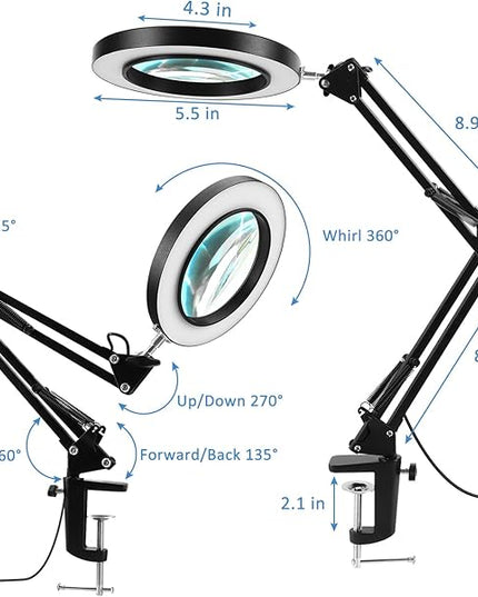 2-in-1 Magnifying Glass with Light and Stand, 5X Real Glass Lens, 3 Color Modes Stepless Dimmable, Magnifying Desk Lamp & Clamp, LED Lighted Magnifier for Repair, Reading, Crafts, Close Works - LeafyLoom