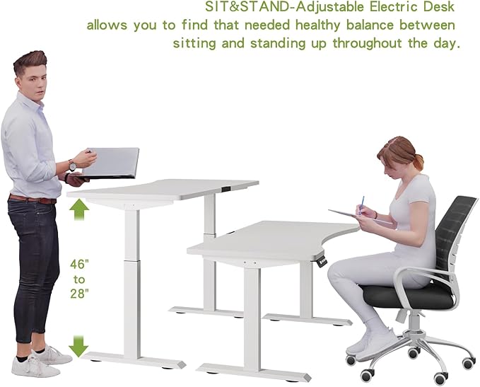 Radlove Dual Motors Height Adjustable 63 x 30'' Electric Standing Desk with Curved Design Stand Up Table 4 Memory Keys, Computer Desk with Splice Board Home Office Desk, WhiteTop + White Frame - LeafyLoom