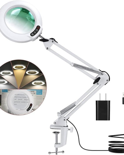 Veemagni 10X Magnifying Glass with Light with Clamp, 5 Color Modes Stepless Dimmable, Adjustable Swing Arm LED Lighted Desk Lamp, Hands Free Magnifier with Light and Stand for Craft Hobby Close Works - LeafyLoom