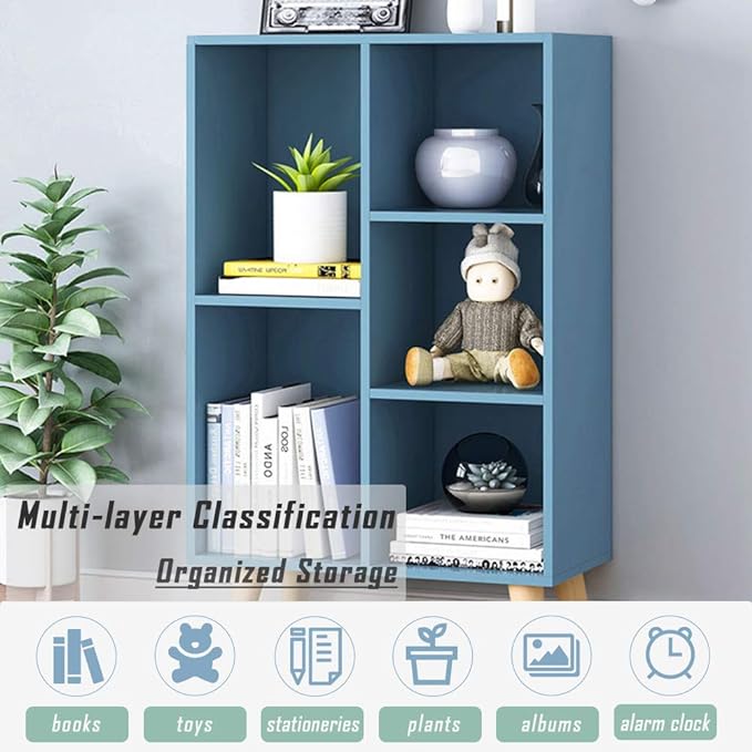 IOTXY Wooden Open Shelf Bookcase - 3-Tier Floor Standing Display Cabinet Rack with Legs, 5 Cubes Bookshelf, Bright Blue - LeafyLoom