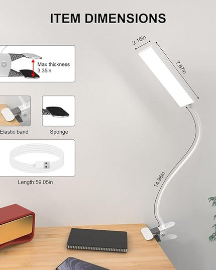RAOYI LED Desk Lamp, 5W USB Clip on Light Eye-Caring Reading Clamp Table Lamp with 48 LEDs Flexible Gooseneck, 3 Color Modes and 14 Brightness Levels for Office Bedroom Study (White) - LeafyLoom