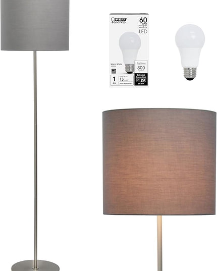 Simple Designs LF2004-GRY-LB 57" Traditional Brushed Nickel Stick Floor Lamp with Gray Shade for Living Room, Hallway, Entryway, Bedroom, Office, with Feit LED Bulb Included - LeafyLoom