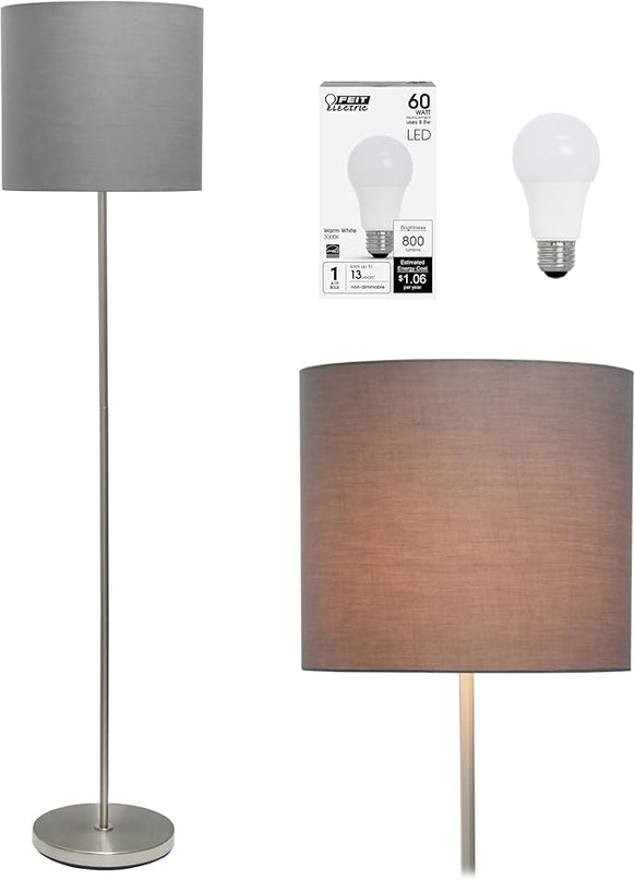 Simple Designs LF2004-GRY-LB 57" Traditional Brushed Nickel Stick Floor Lamp with Gray Shade for Living Room, Hallway, Entryway, Bedroom, Office, with Feit LED Bulb Included - LeafyLoom