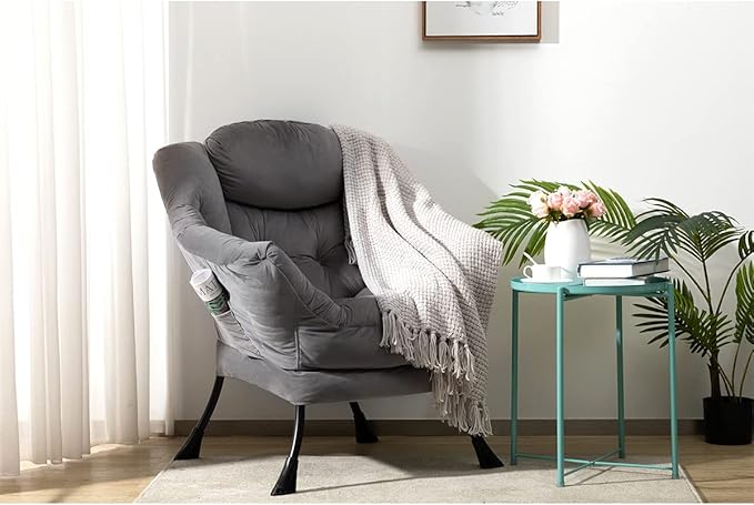 HollyHOME Modern Fabric Large Lazy Chair, Accent Oversized Comfy Reading Chair, Thick Padded Cozy Lounge Chair with Armrest, Steel Frame Leisure Sofa Chair for Living Room, Bedroom, Dorm, Smoky Grey - LeafyLoom