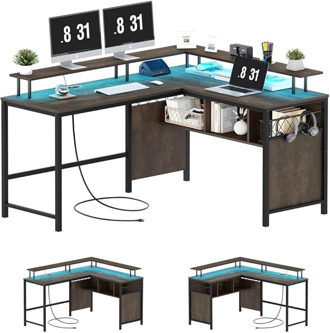 Industrial Home Office Desk with Storage, L Shaped Desk with Power Outlet, Reversible Computer Desk with Monitor Stand, Corner Gaming Desk with Led Lights (Walnut Brown) - LeafyLoom
