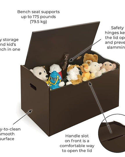 Badger Basket Kid's Wooden Toy Box and Storage Bench Seat with Safety Hinge - Espresso - LeafyLoom