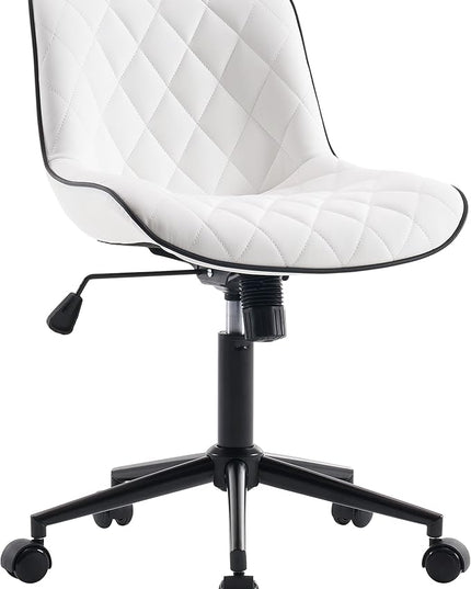 YOUNUOKE Comfortable Desk Chair, Home Office Chairs with Wheels, Armless Samll Comfy Vanity Chairs, PU Leather Computer Task Work Desk Chairs, White - LeafyLoom