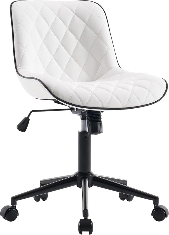 YOUNUOKE Comfortable Desk Chair, Home Office Chairs with Wheels, Armless Samll Comfy Vanity Chairs, PU Leather Computer Task Work Desk Chairs, White - LeafyLoom