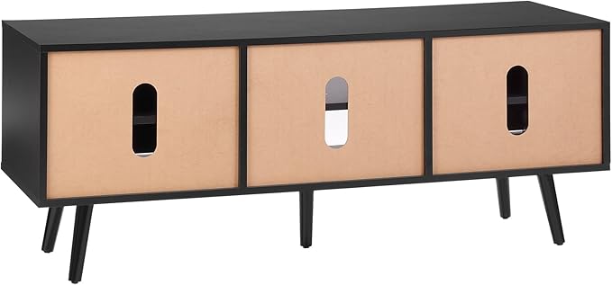 VEVOR Rattan TV Stand, Boho TV Cabinet for 55 inch TV, Mid Century Modern TV Stand, Rattan TV Console with Adjustable Shelfs for Living Room, Media Room, Black - LeafyLoom