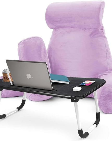 Nestl Reading Pillow with Portable Laptop Lap Desk, Velvet Feel Back Pillow for Sitting in Bed, Shredded Memory Foam Back Support Pillow for Bed, Bed Rest Pillow with Arms, Large - Lavender - LeafyLoom