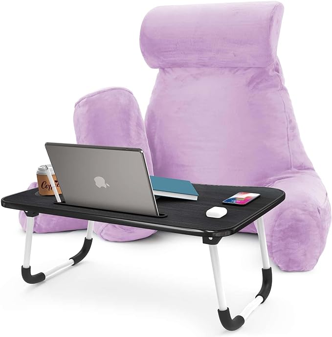 Nestl Reading Pillow with Portable Laptop Lap Desk, Velvet Feel Back Pillow for Sitting in Bed, Shredded Memory Foam Back Support Pillow for Bed, Bed Rest Pillow with Arms, Large - Lavender - LeafyLoom