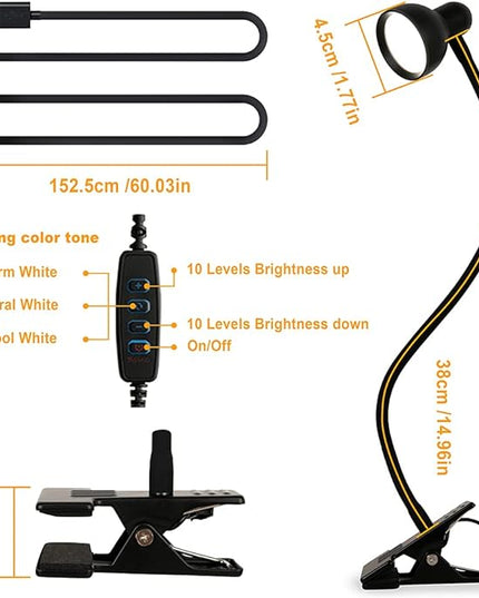 Clip on Light Reading Light for Bed 3 Color Modes 10 Dimmable Brightness Eye Care Clamp Desk Lamp Flexible Gooseneck Book Light for Reading in Bed Desk Light for Bed Headboard Computer - LeafyLoom