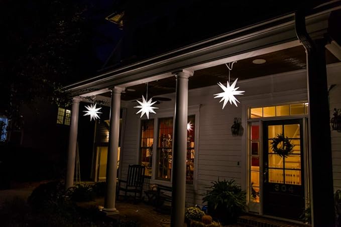 Elf Logic 18" Easy Assembly, Battery Timer White LED Moravian Star - Hanging Outdoor Christmas Star Light - Use as Holiday Decoration, Porch Light, Advent Star, Wedding and Ballroom Venue Decor - LeafyLoom