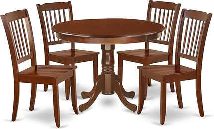 East West Furniture HLDA5-MAH-W 5 Piece Dining Room Table Set Includes a Round Dining Table with Pedestal and 4 Wood Seat Chairs, 42x42 Inch, Mahogany - LeafyLoom